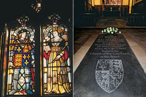 Витраж с изображением короля Ричарда III и его супруги Энн Невилл (Замок Кардифф в Уэльсе) / мемориальный камень Ричарду III в кафедральном соборе Св. Мартина в Лестере