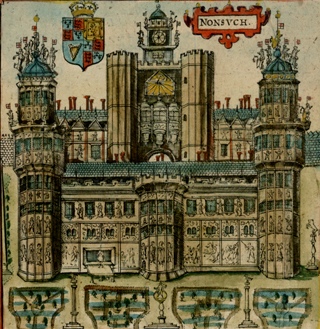 Фасад замка на врезке к карте графства Сарри Джона Спида