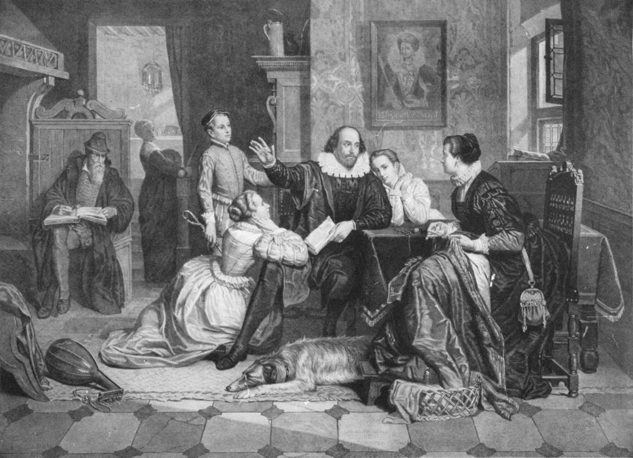 Шекспир в кругу своей семьи. Гамнет стоит позади отца слева. Гравюра неизвестного немецкого автора (ок. 1890)